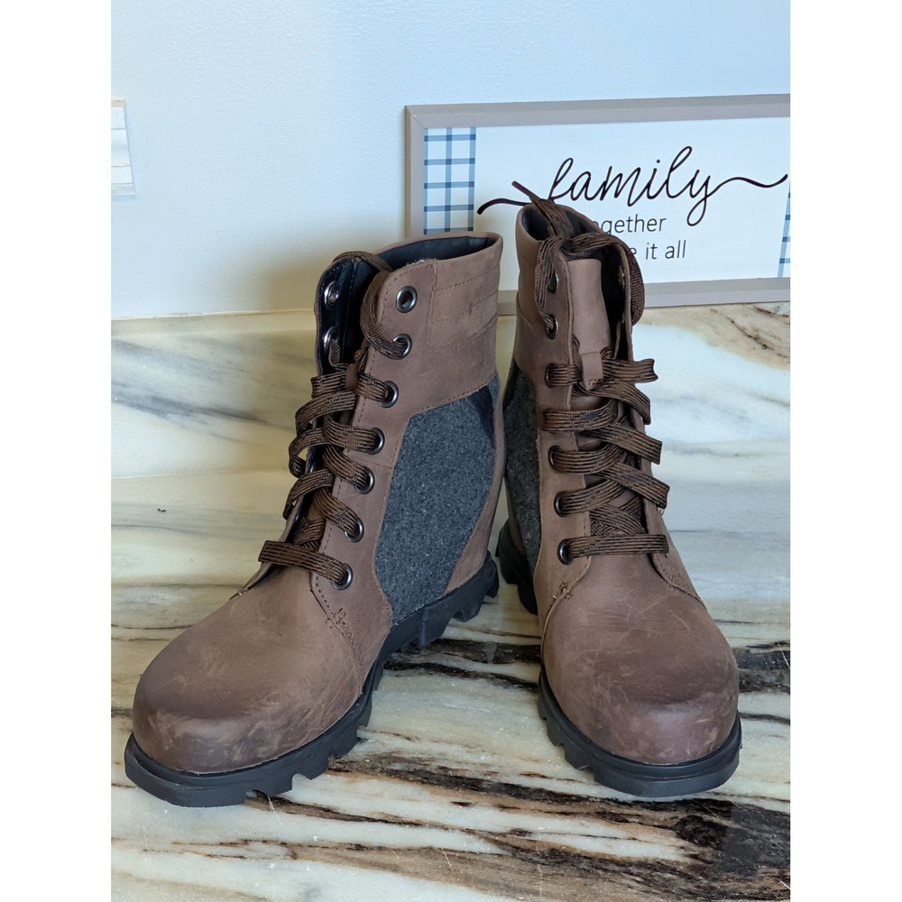 Sorel Joan of Arctic Wedge III Lexie Boots Brown Leather Felt  8.5‎ Gorpcore